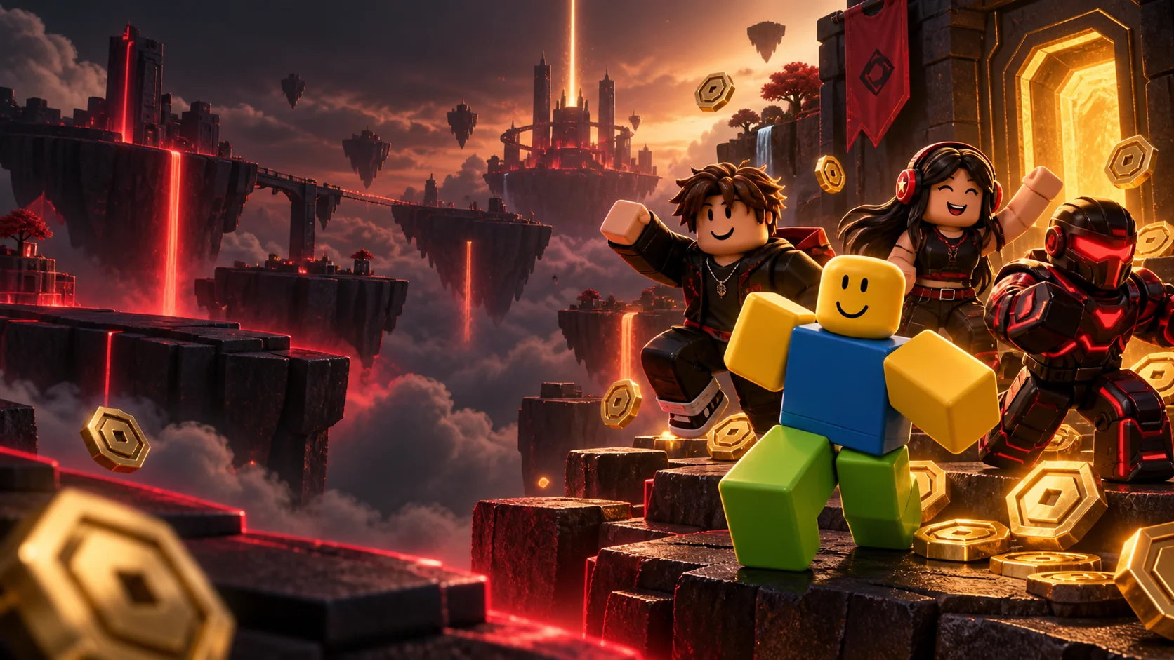 Personagens de blocos em um cenário de aventura inspirado no universo Roblox